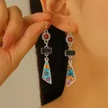 Vintage Bohemian ethnic style dangle earrings with colorful floral pattern triangular drops - Floral Triangle Style (WG-1097) / Antique Silver