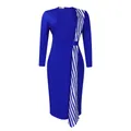 Detailed view of royal blue long sleeve pencil dress with striped vertical panel - S / Dresses / Sapphire Blue