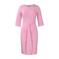 Front view of elegant pink ruched pencil dress featuring elbow sleeves and a round neck - S / Dresses / Pink
