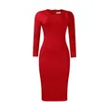 Detailed view of red slim-fit pencil dress with ruffle shoulder and asymmetrical waist - S / Red