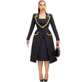 Elegant two-piece black commuter suit with yellow trim and slim-fit long blazer. - S / Top And Bottom / Black