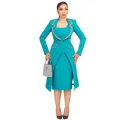 Elegant teal two-piece suit set featuring a long blazer with tan trim and midi dress - 3XL / Top And Bottom / Blue