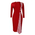 Elegant red pencil dress featuring round neck and unique asymmetric striped side panel - S / Dresses / Red