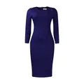 Front view of elegant blue long sleeve bodycon pencil dress with waist ruffle details - S / Dark Blue