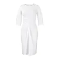 Elegant white ruched midi pencil dress with three-quarter sleeves and round neck - S / Dresses / White