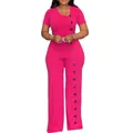 Mono fucsia elegante con escote irregular y pernera ancha con detalle de botones - XL / Conjuntos / Rosa rojo