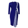Detail of royal blue pencil dress featuring a diagonal blue and white striped panel - S / Dresses / Dark Blue