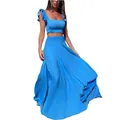 Close-up of elegant blue two-piece set with ruffled crop top and flowing maxi skirt. - S / Top And Bottom / Blue
