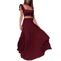 Full view of elegant burgundy two-piece maxi skirt set with stylish ruffle straps - S / Top And Bottom / Red