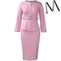 Elegant pink two-piece style dress with round neck and heart buckle belt for office - S / Dresses / Pink
