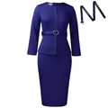 Elegant dark blue long-sleeve two-piece pencil skirt set with a heart buckle belt - S / Dresses / Dark Blue