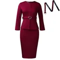 Elegant burgundy two-piece OL suit with round neck top, pencil skirt, and heart belt. - S / Dresses / Burgundy