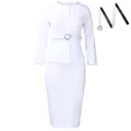 Elegant white round neck two-piece OL pencil skirt suit with heart belt buckle - S / Dresses / White