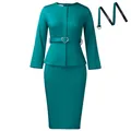 Ensemble jupe crayon élégante vert sarcelle avec manches longues et ceinture à cœur - Vert malachite