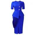 Elegant royal blue two-piece skirt set featuring a peplum top with gold decorative buttons - S / Top And Bottom / Sapphire Blue