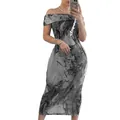Elegant and sexy off-shoulder marble print sleeveless bodycon maxi dress for women - S / Gray