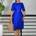 Elegant royal blue pleated midi dress with elbow sleeves and high waist belt detail - S / Sapphire Blue