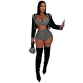 Sexy black three-piece clothing set with sparkling rhinestone studded details - S / Set / Black