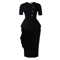 Elegant black two-piece set featuring peplum top with gold buttons and draped pencil skirt - S / Top And Bottom / Black