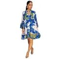 Full length view of elegant floral print V-neck loose short dress on female model - S / Dresses / Blue
