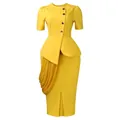 Elegant yellow two-piece set featuring a stylish peplum top and draped pencil skirt - S / Top And Bottom / Turmeric