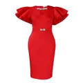 Elegant red bodycon party dress with ruffled sleeves and crystal rhinestone accents - S / Dresses / Red