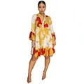 Full body view of elegant floral print V-neck loose tiered mini dress with red and yellow - S / Dresses / Yellow