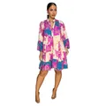 Full view of elegant floral print V-neck loose tiered short dress with color blocking - S / Dresses / Purple
