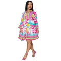 Elegant colorful abstract floral print loose fit mini dress with V-neck and tiered skirt - Light Pink