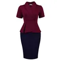 Elegant burgundy and navy color block peplum pencil dress shown from front view - S / Dresses / Burgundy