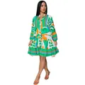 Detailed view of women's elegant V-neck floral print dress with loose contrast panels - Green