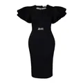 Elegant black bodycon evening dress featuring ruffle sleeves and rhinestone accents - S / Dresses / Black