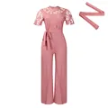 Elegant pink lace hollow short sleeve jumpsuit with high waist and wide leg design - S / Pink