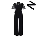 Elegant black lace hollow-out short sleeve jumpsuit with wide-leg trousers and sash belt - S / Black