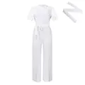 Elegant white lace hollow-out short sleeve jumpsuit with high waist and wide-leg pants - S / White