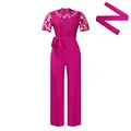 Elegant fuchsia lace hollow-out short sleeve high waist wide leg jumpsuit for women - S / Rose Red