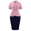 Elegant short sleeve peplum patchwork pencil dress featuring a pink top and navy blue skirt - S / Dresses / Lotus root pink
