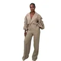 Professional khaki two-piece commuter blazer suit set with elegant pleated sleeves. - S / Top And Bottom / Brown