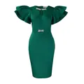 Elegant dark green cocktail party dress featuring ruffled sleeves and rhinestone detail - S / Dresses / Green