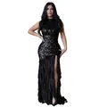 Close-up of black sequin and ruffled mesh patchwork evening dress with high slit. - S / Dresses / Black