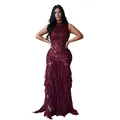 Detailed view of elegant burgundy sequin and mesh ruffled evening gown for women - S / Dresses / Burgundy