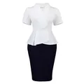 Elegant white and black color block peplum pencil dress with shawl collar. - S / Dresses / White