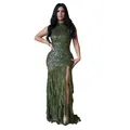 Elegant olive green dress with a sequined bodice and tiered mesh ruffled maxi skirt. - S / Dresses / Green