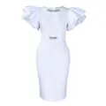 Detail view of a white bodycon dress featuring layered ruffle sleeves and rhinestone decor - S / Dresses / White