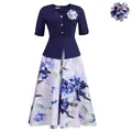 Elegante abito midi finto due pezzi con top blu navy a V e gonna a stampa floreale - Taglia S / Vestiti / Blu navy