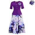 Elegante abito africano a fiori con top viola a V e maniche a metà lunghezza - Taglia S / Vestiti / Viola