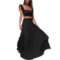 Elegant black two-piece set featuring ruffled crop top and flowing maxi skirt for summer - S / Top And Bottom / Black