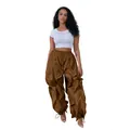 Detail shot of brown tiered ruffled lantern pants with elastic waist and drawstring. - 3XL / Bottoms / Coffee