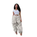 Detailed view of grey ruffled cargo lantern pants with unique layered stitching - S / Bottoms / Gray