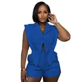 Eleganter ärmelloser blauer Jumpsuit mit unregelmäßigem Saum und V-Ausschnitt für Damen - S / Oberteil Und Unterteil / Blau